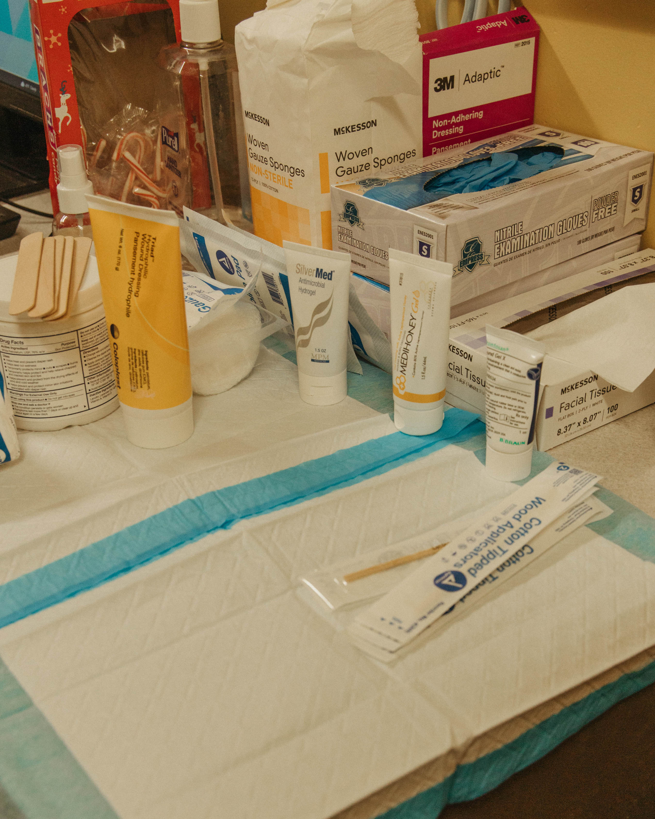 Wound care supplies arranged on a table